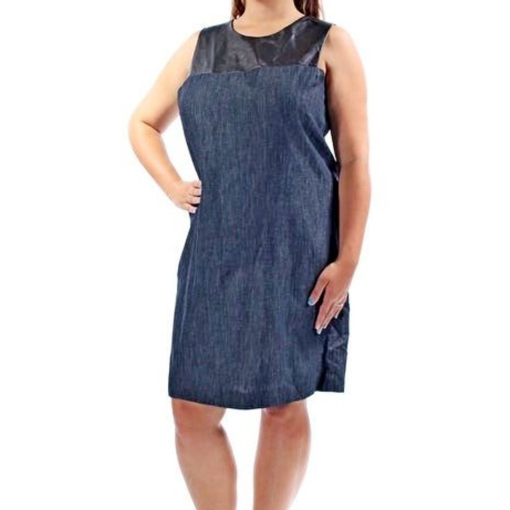 Lauren Ralph Lauren LRL indigo denim faux leather sleeveless spring summer dress
